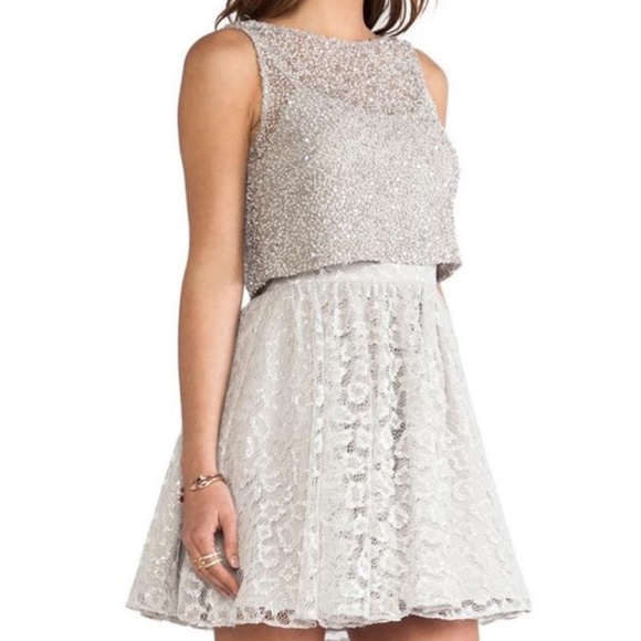 ALICE + OLIVIA hilta beaded silver lace mini dress size 2 - Picture 2 of 16